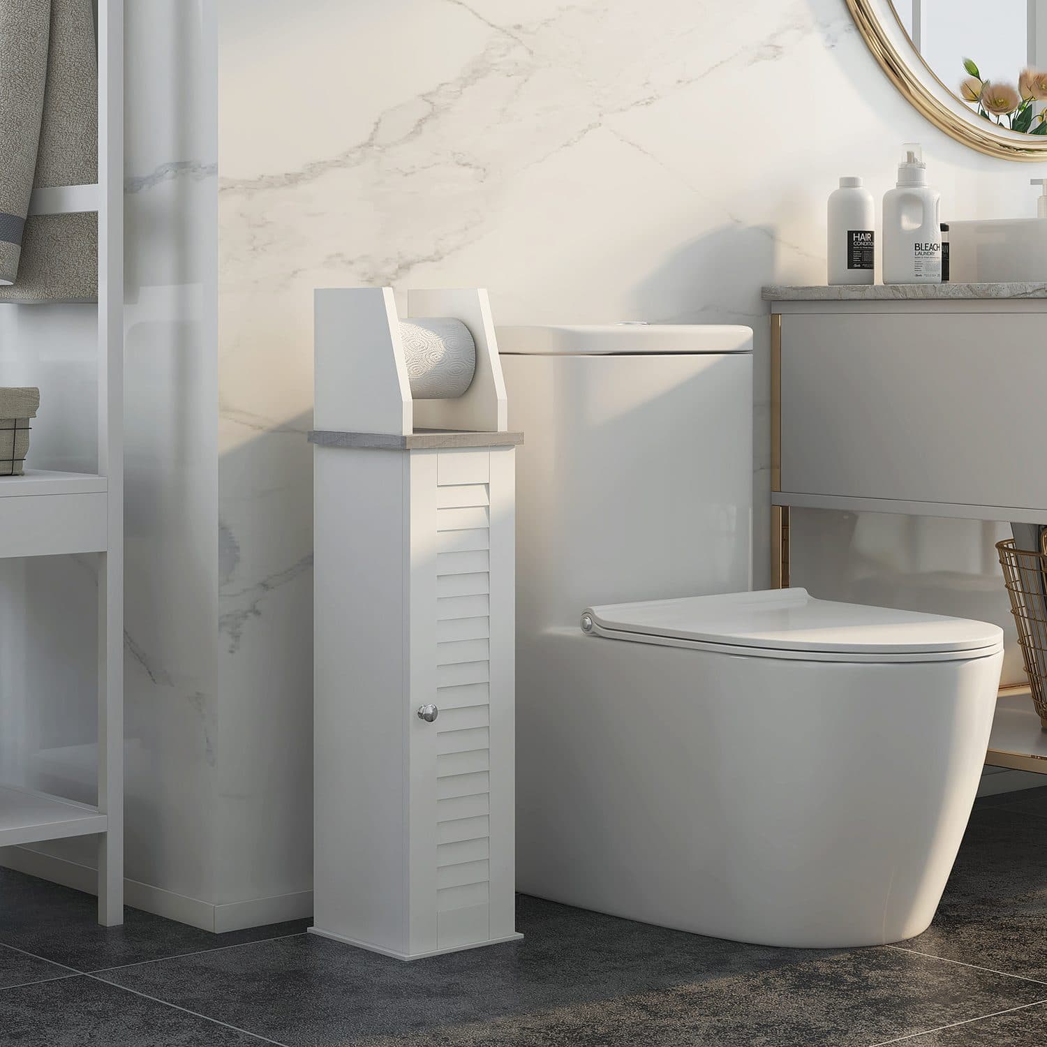 White Slim Bathroom Cabinet for Toilet Roll Storage - image 3