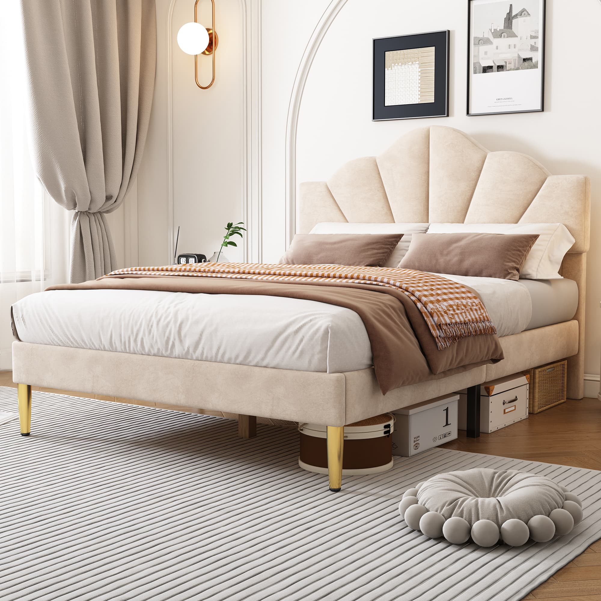 Velvet Upholstered Double Bed with Shell Headboard in Beige (4ft6) - image 1