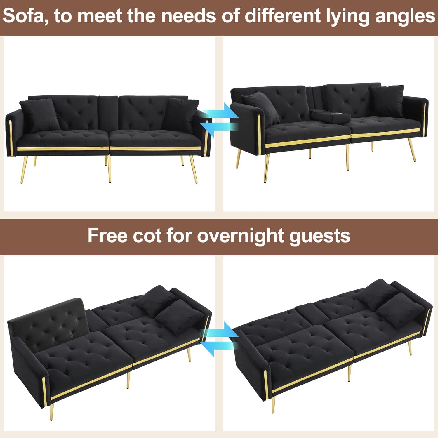Luxurious Black Velvet 2-Seater Sofa Bed with Cup Holders - image 2