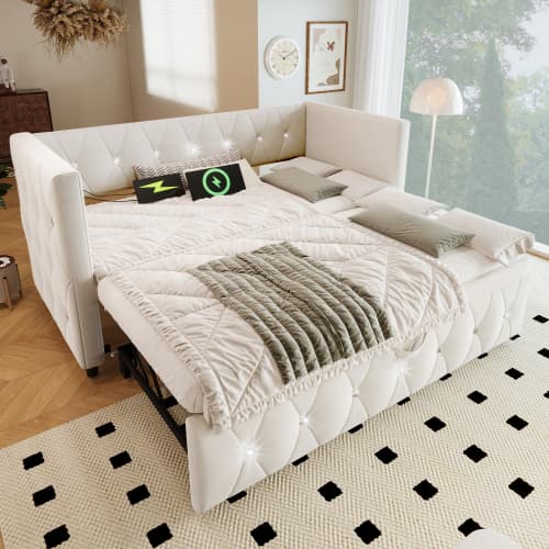 Upholstered Single Day Bed with Pull-Out Trundle and USB Charging - image 3