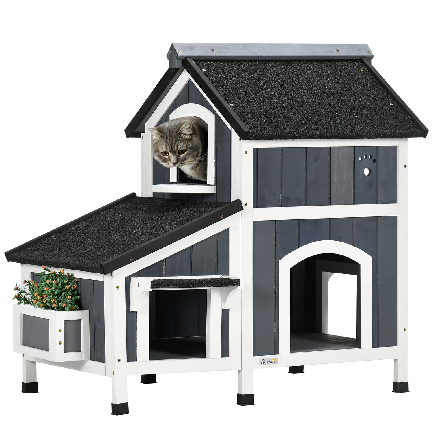 PawHut Wooden Cat House with Flower Pot and Windows, Grey