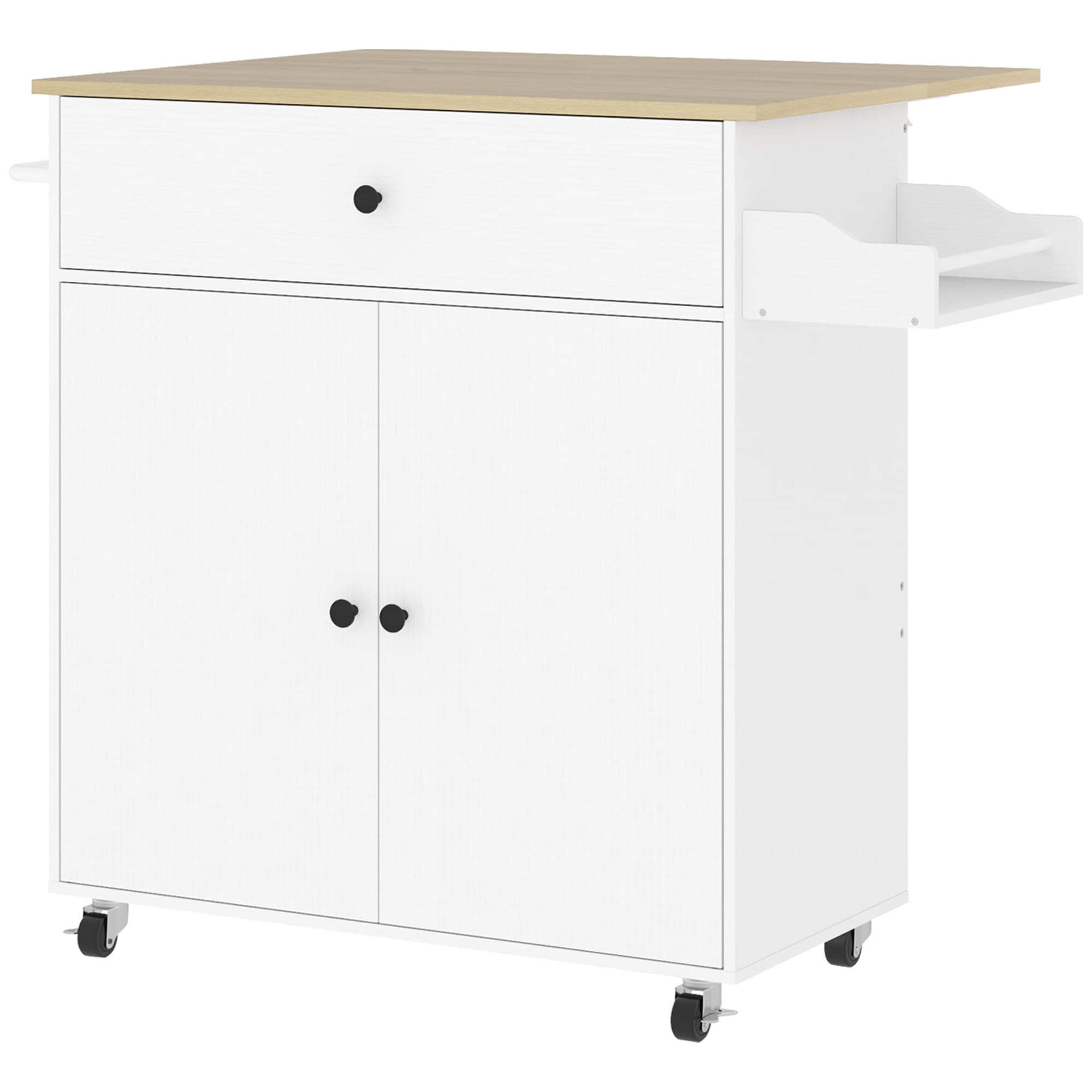 White rolling kitchen island with oak worktop and drop-leaf extension in a small UK kitchen