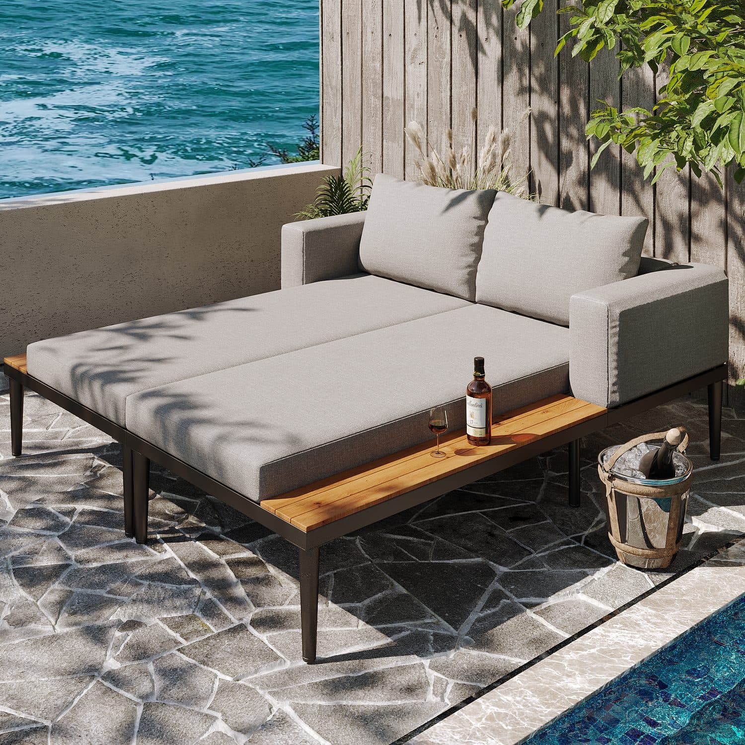 Outdoor Double Chaise Lounge with Warm Wooden Side Panels - Gray