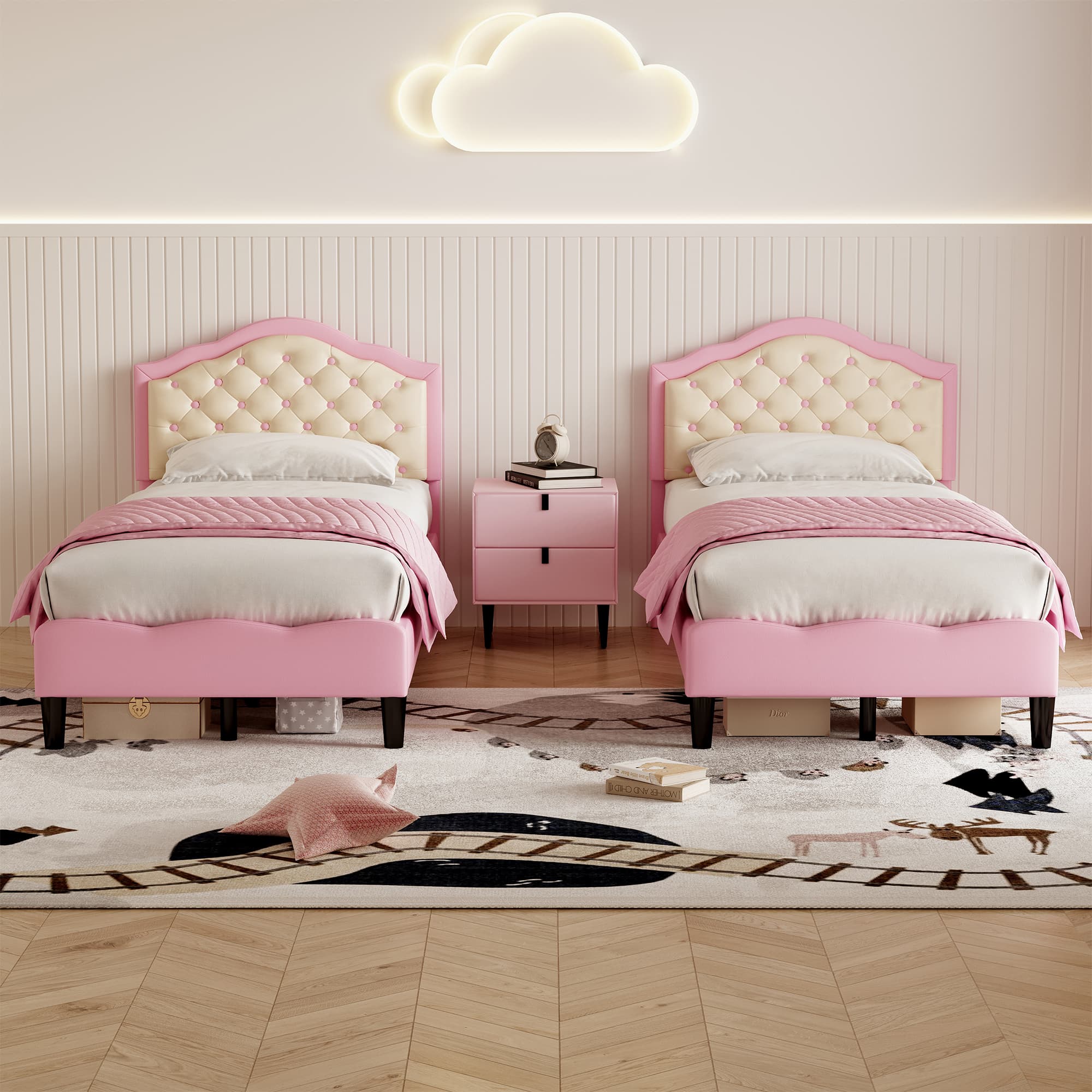 Single Upholstered Bed Frame in Pink & Beige Faux Leather (3ft) - image 1
