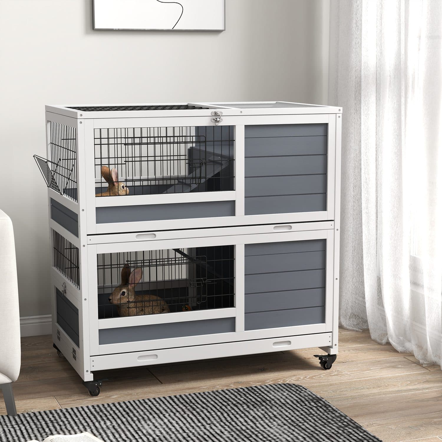 Two-Tier Indoor Rabbit Hutch with Ramps and Feeding Trough - image 1