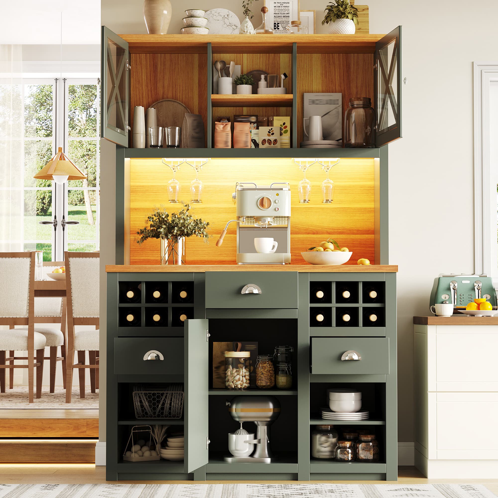 Green Sideboard with Glass Doors, Wine Rack & Power Outlets - image 4