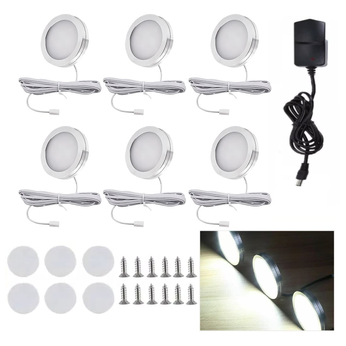 Cool White LED Puck Lights for Cabinets and Shelves - 6PCS Cool White