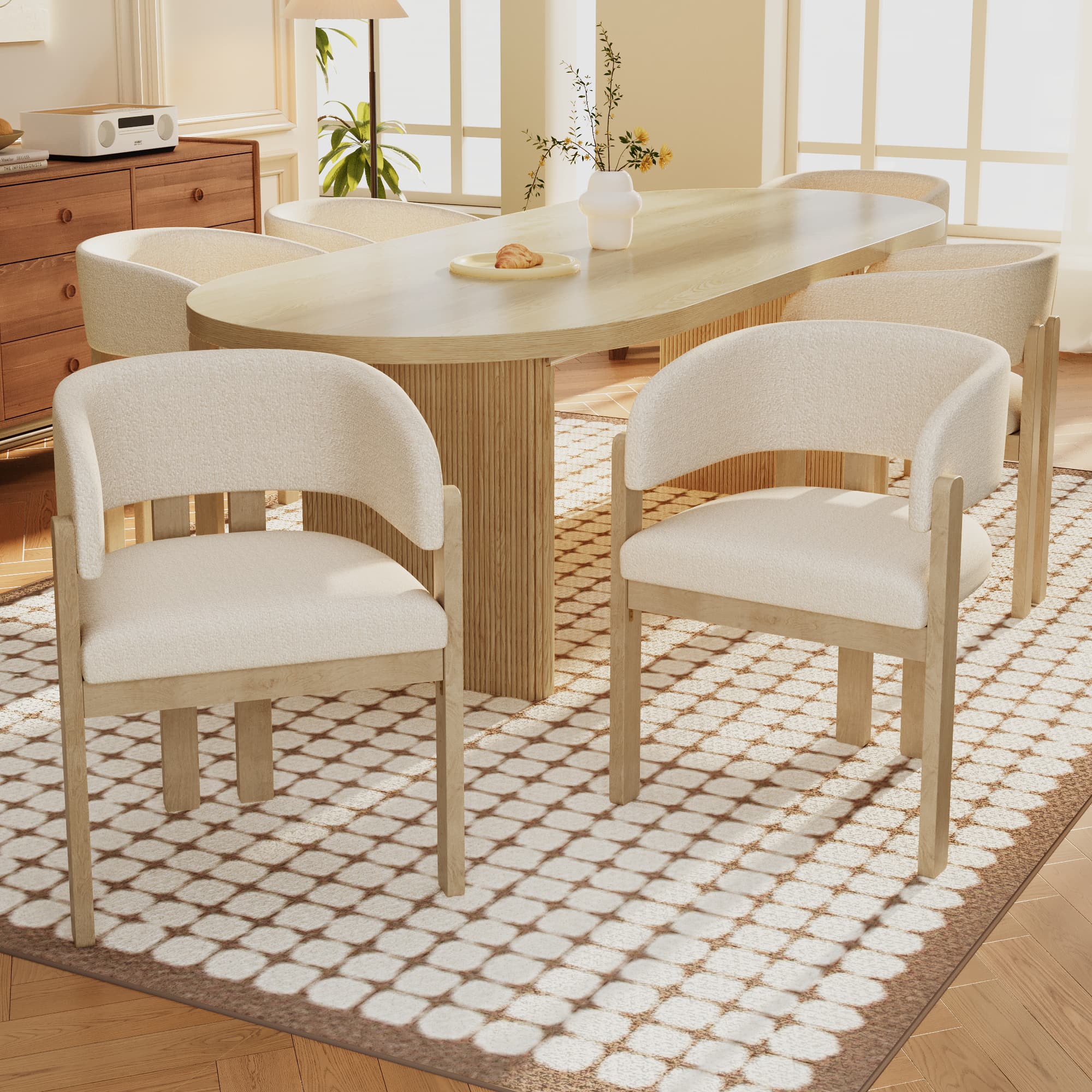 Set of 6 Natural Wood & Boucle Fabric Dining Chairs
