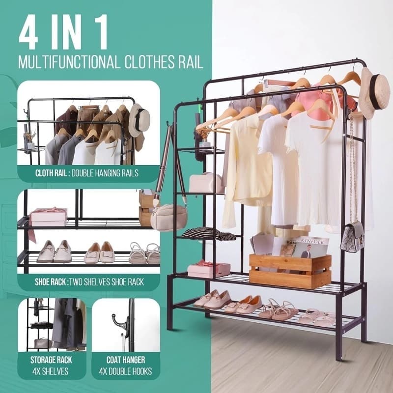 Free-Standing Clothes Rail with Storage Shelves and Shoe Rack - image 9