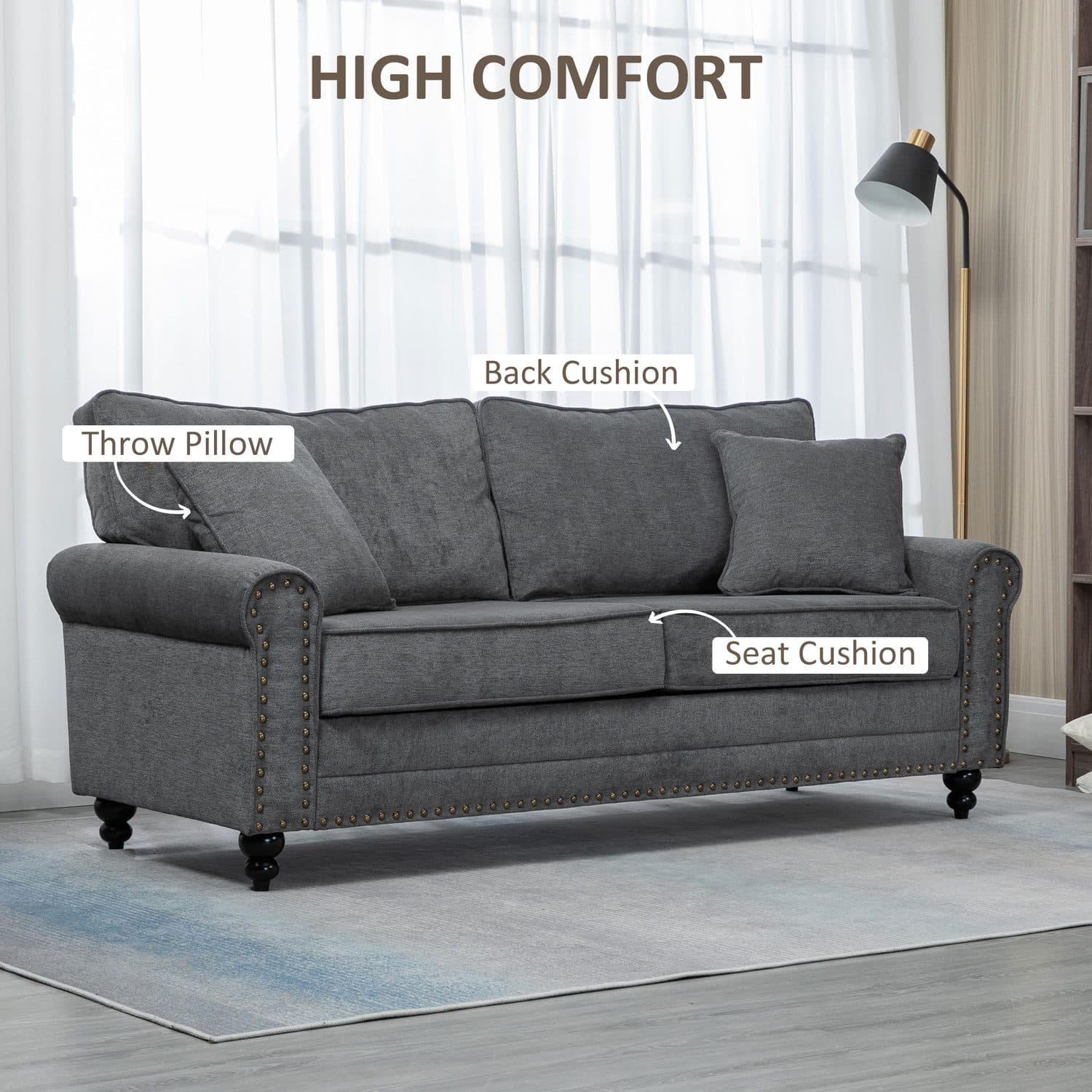 Grey 3 Seater Fabric Sofa with Nailhead Trim - image 1