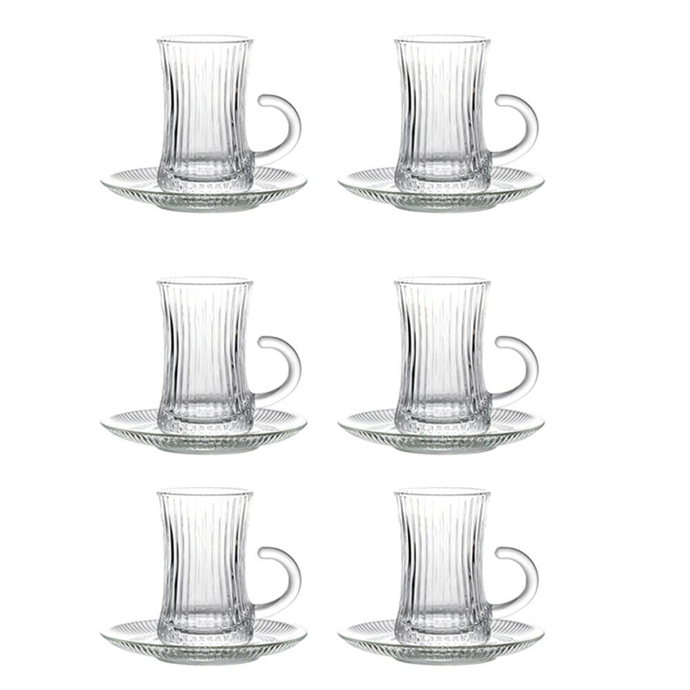 Set of 6 Ribbed Glass Tea Cups with Handles and Saucers - Default