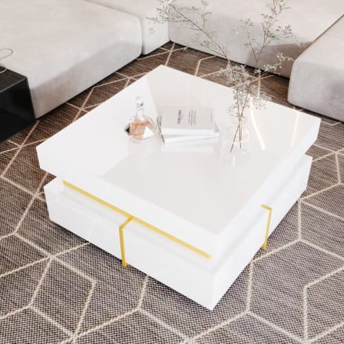 Modern Square High Gloss Coffee Table with Storage - White