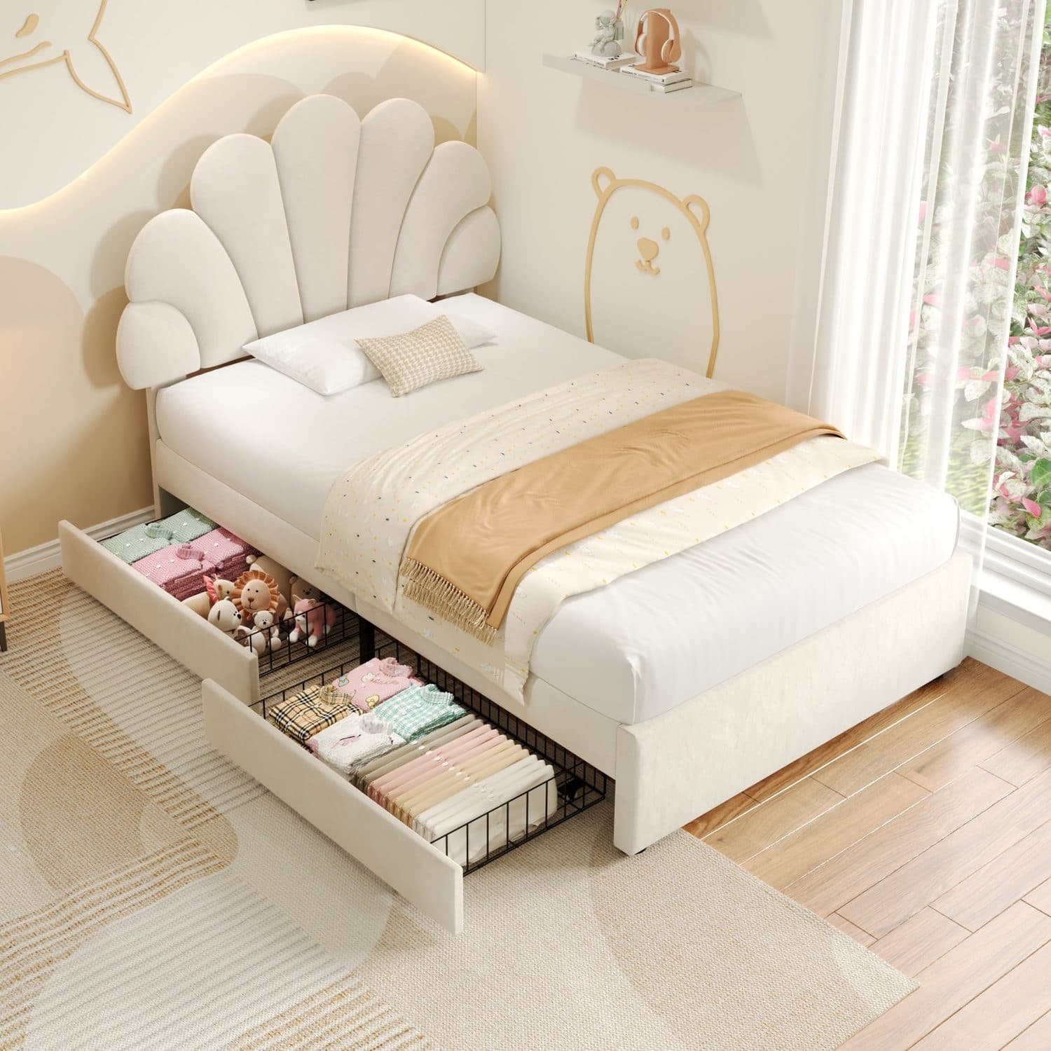 Beige Velvet Single Petal Bed with Effortless Storage - image 3