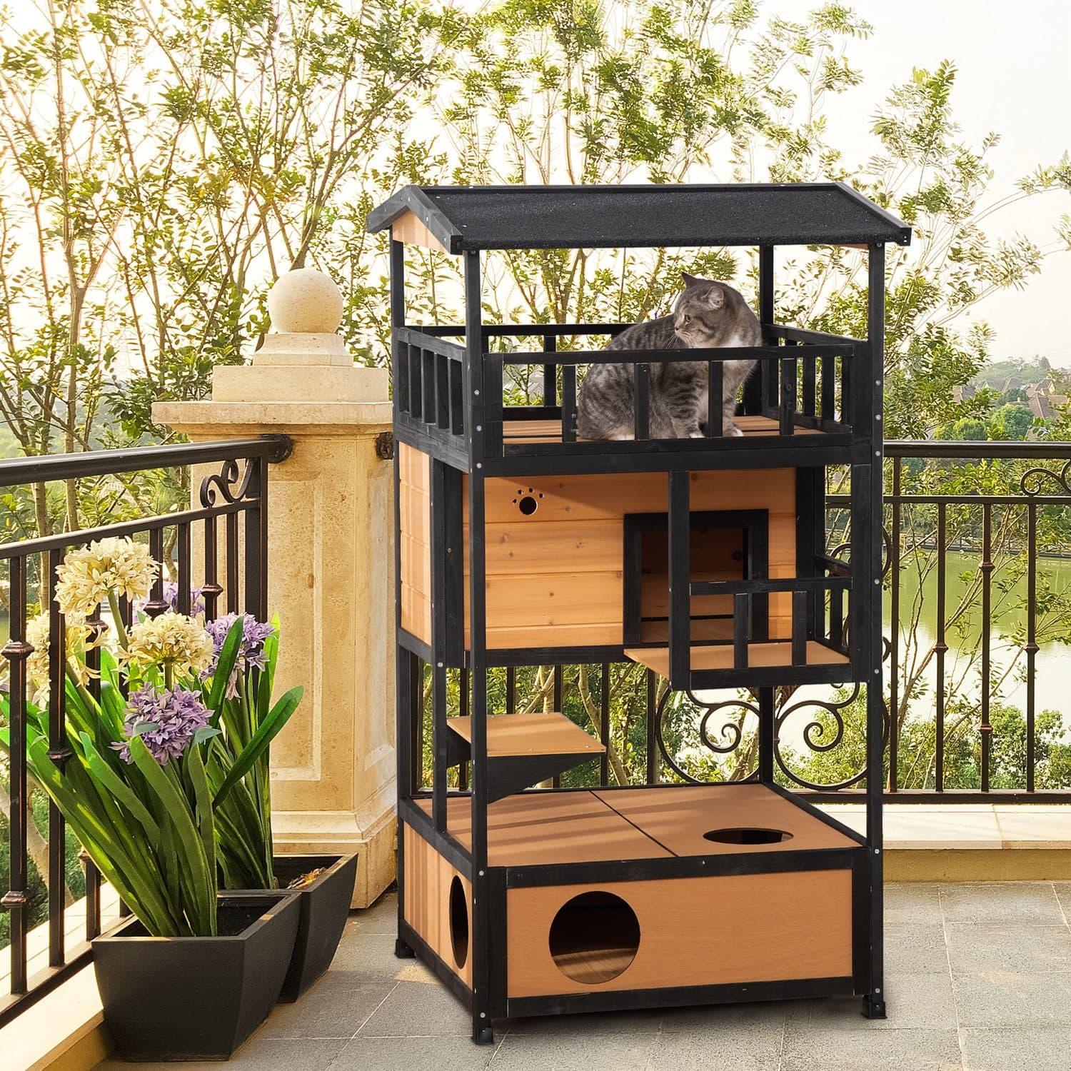 PawHut 3-Tier Wooden Outdoor Cat House with Terrace and Jump Step - image 5
