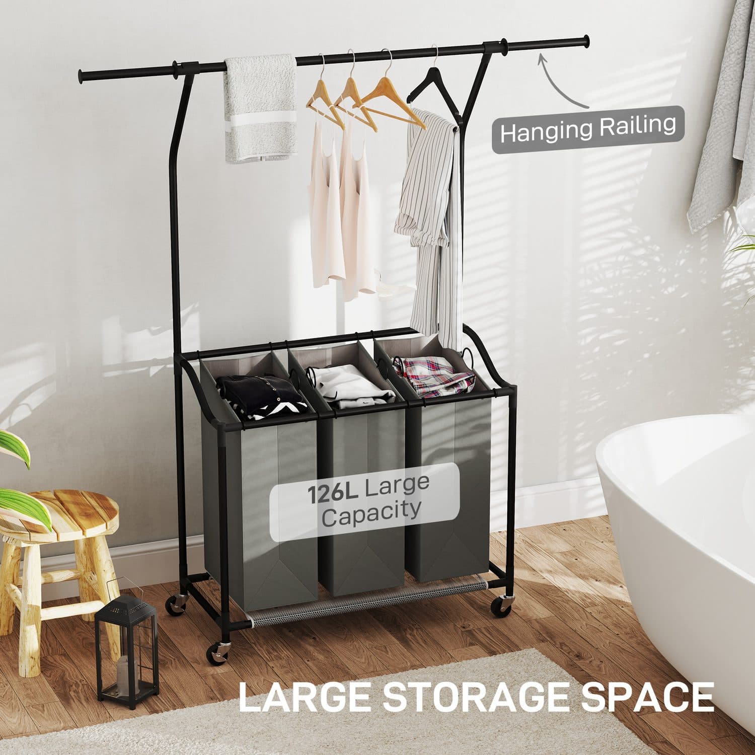 3-Bag Laundry Sorter with Hanging Rail and Wheels - image 1