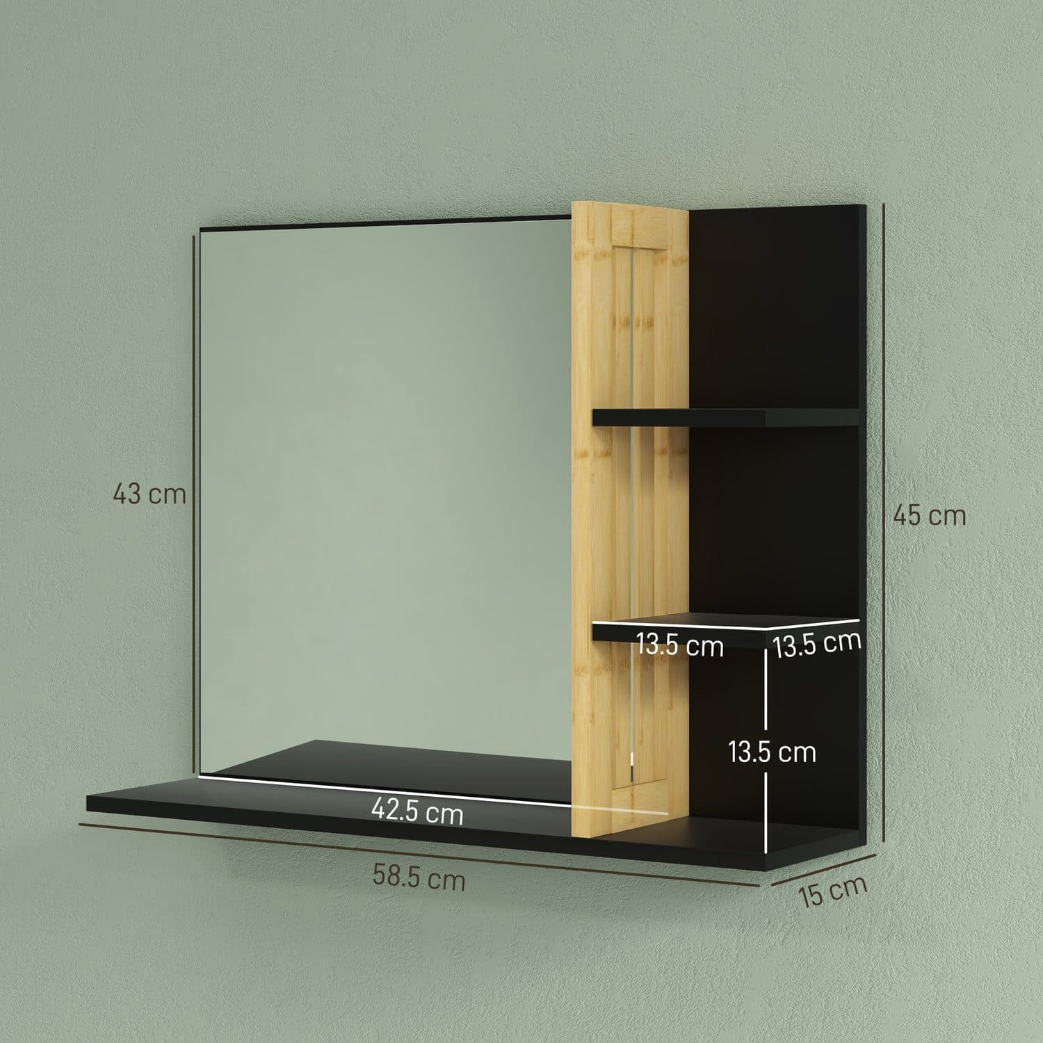 Black Bathroom Mirror with Space-Saving Bamboo Shelves - image 2