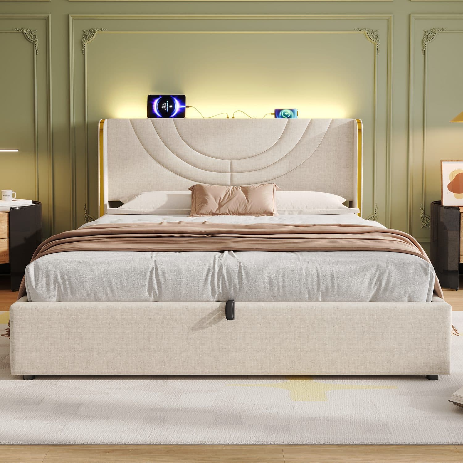 Beige Linen LED Ottoman Bed - image 2