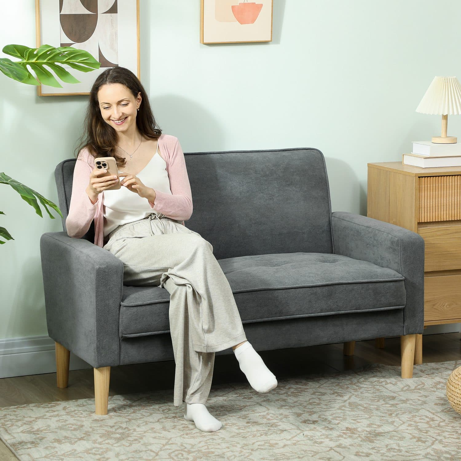 Two-Seater Grey Velvet-Feel Sofa with Tufted Seat and Wood Legs - image 5