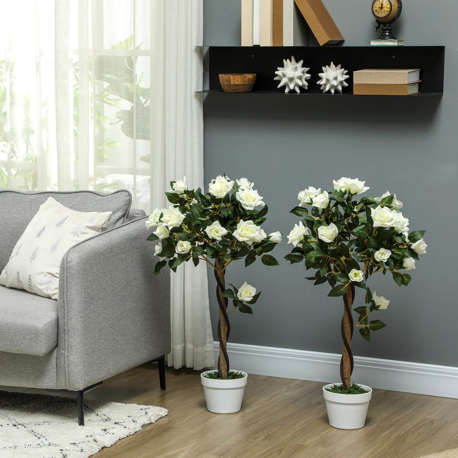 Set of Two White Faux Rose Trees - image 3
