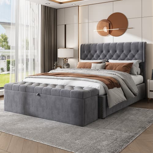 Grey Velvet King Ottoman Bed - image 6