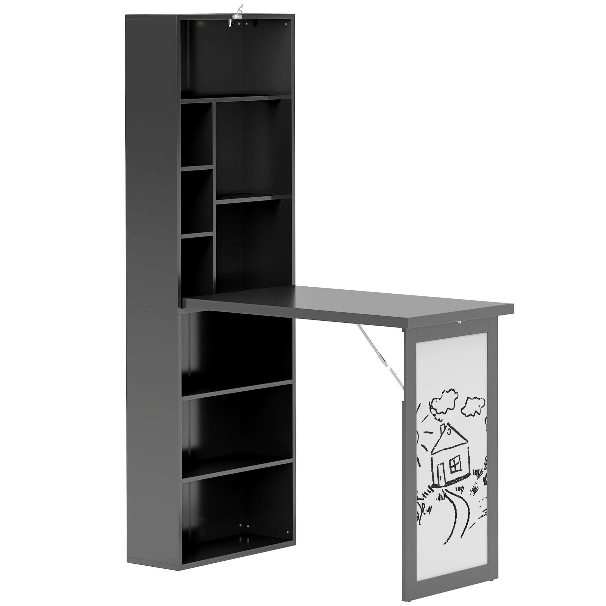 Fold-Out Work Desk with Shelving Unit and Whiteboard Panel