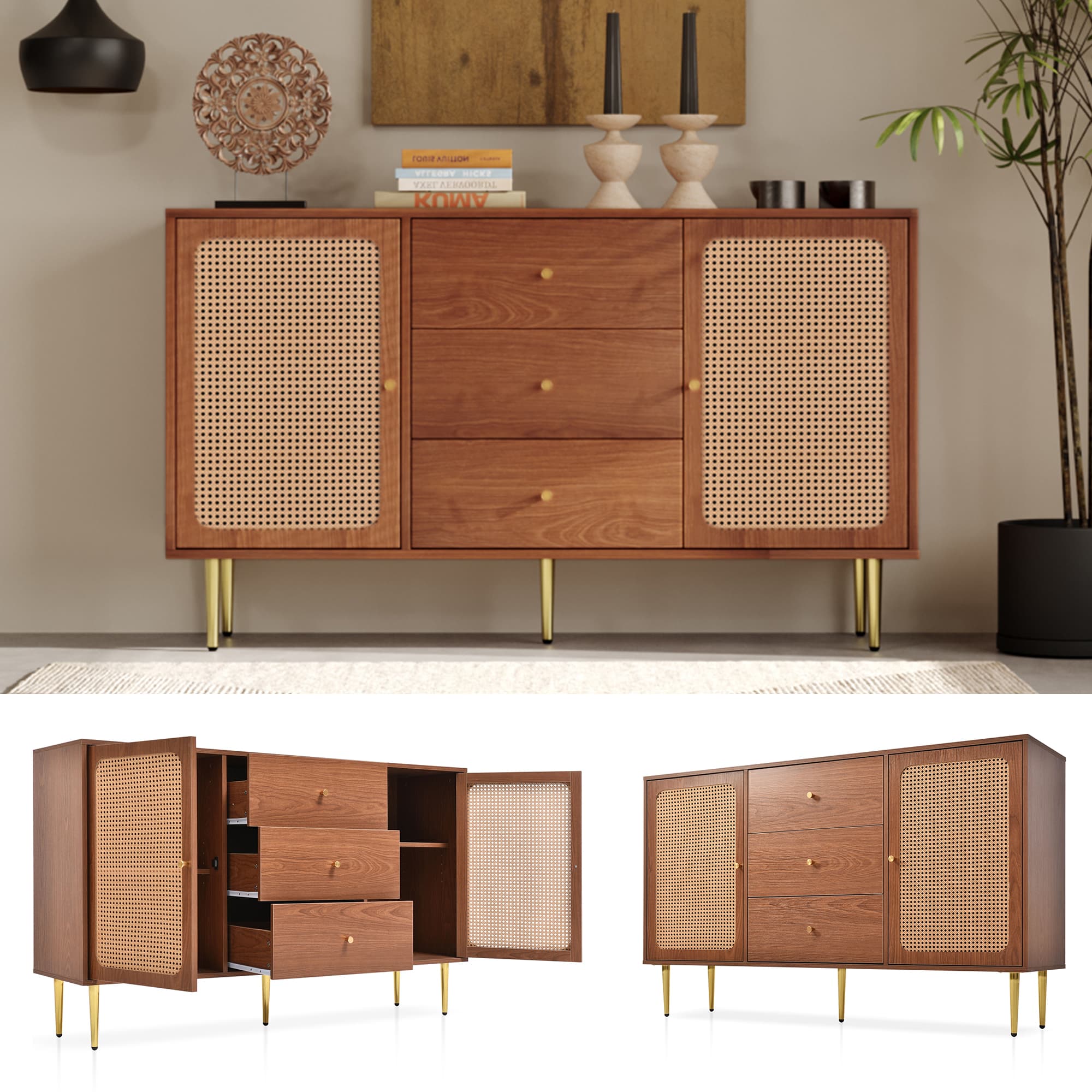 Walnut & Rattan Sideboard with Gold-Tone Handles