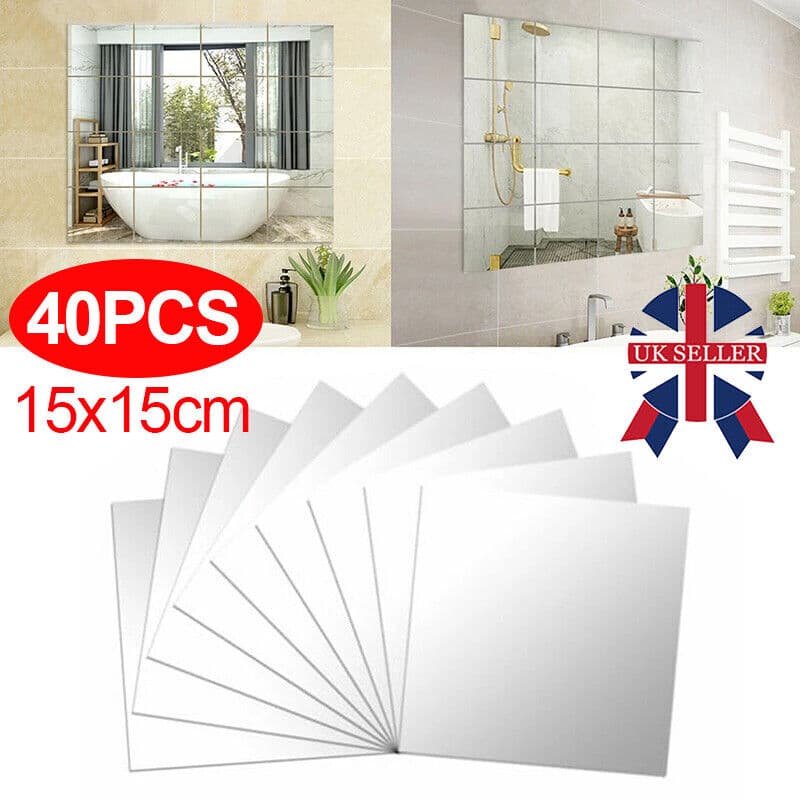 40-Piece Peel-and-Stick Acrylic Mirror Tiles, 15x15cm - Default