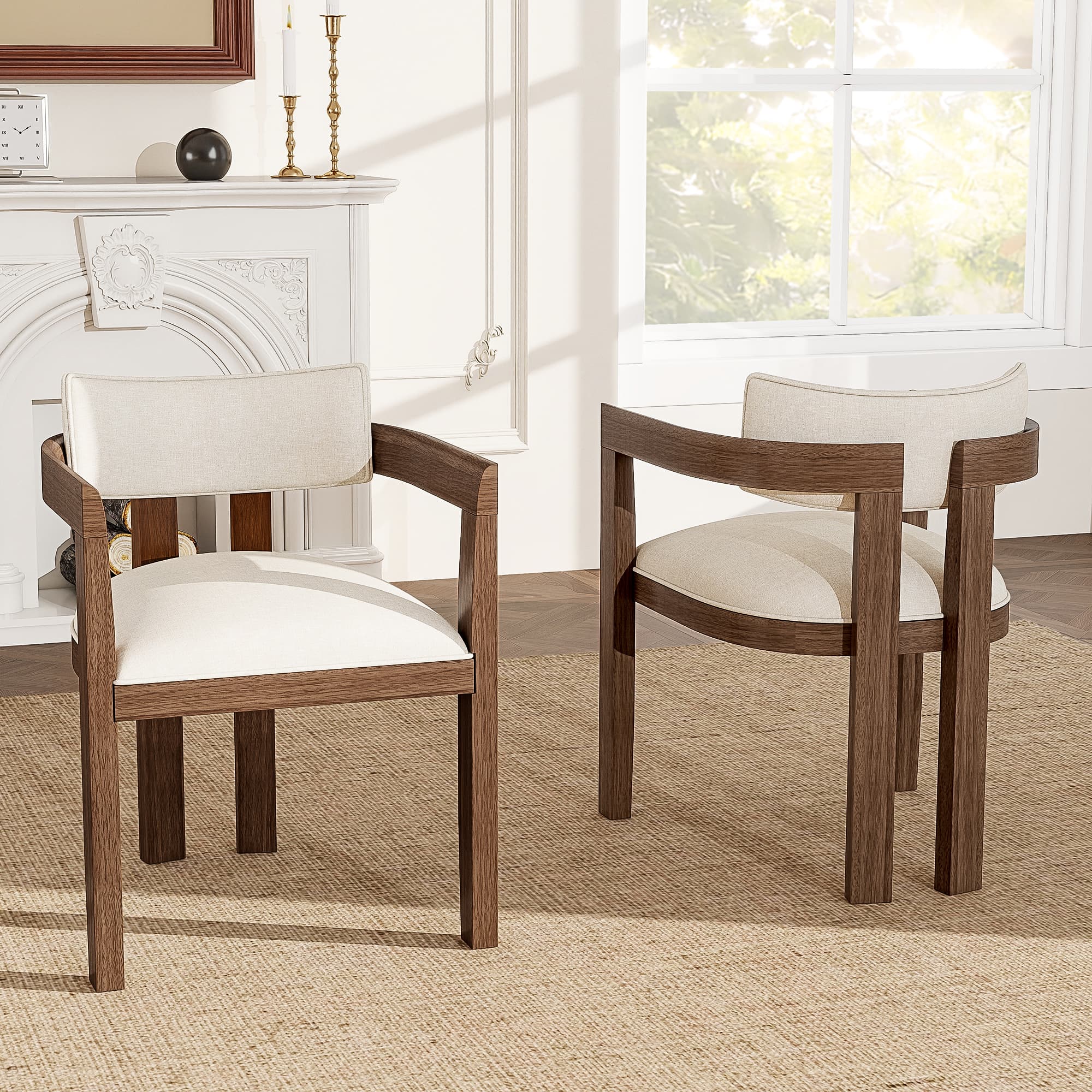 Set of 6 Dining Chairs with Arms - Walnut Finish & Beige Linen - image 3