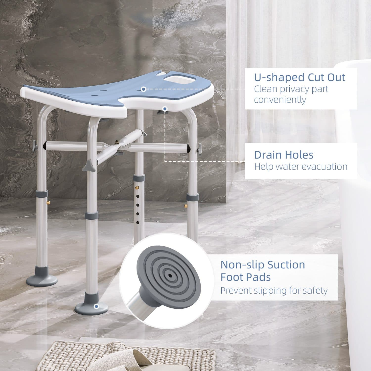 Height-Adjustable Shower Stool with Padded U-Seat - image 4