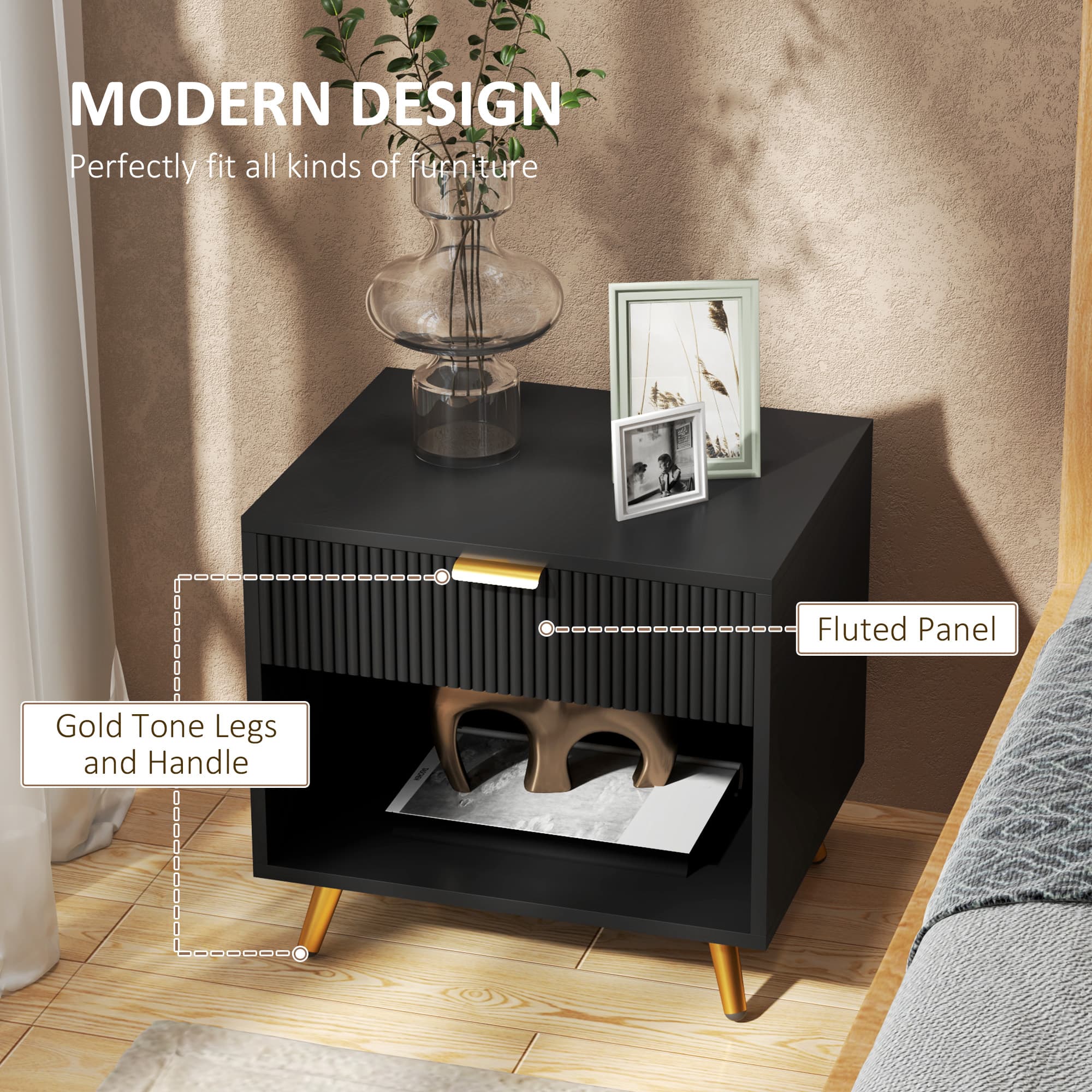 Black Bedside Table with Gold Legs and Fluted Drawer Front - image 1