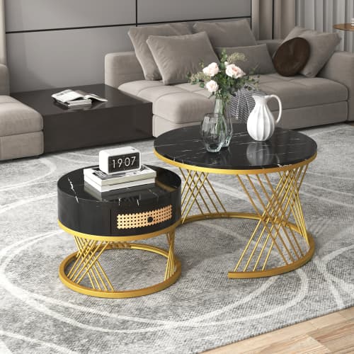 Set of 2 Round Nesting Coffee Tables with Gold Legs & Storage - image 4