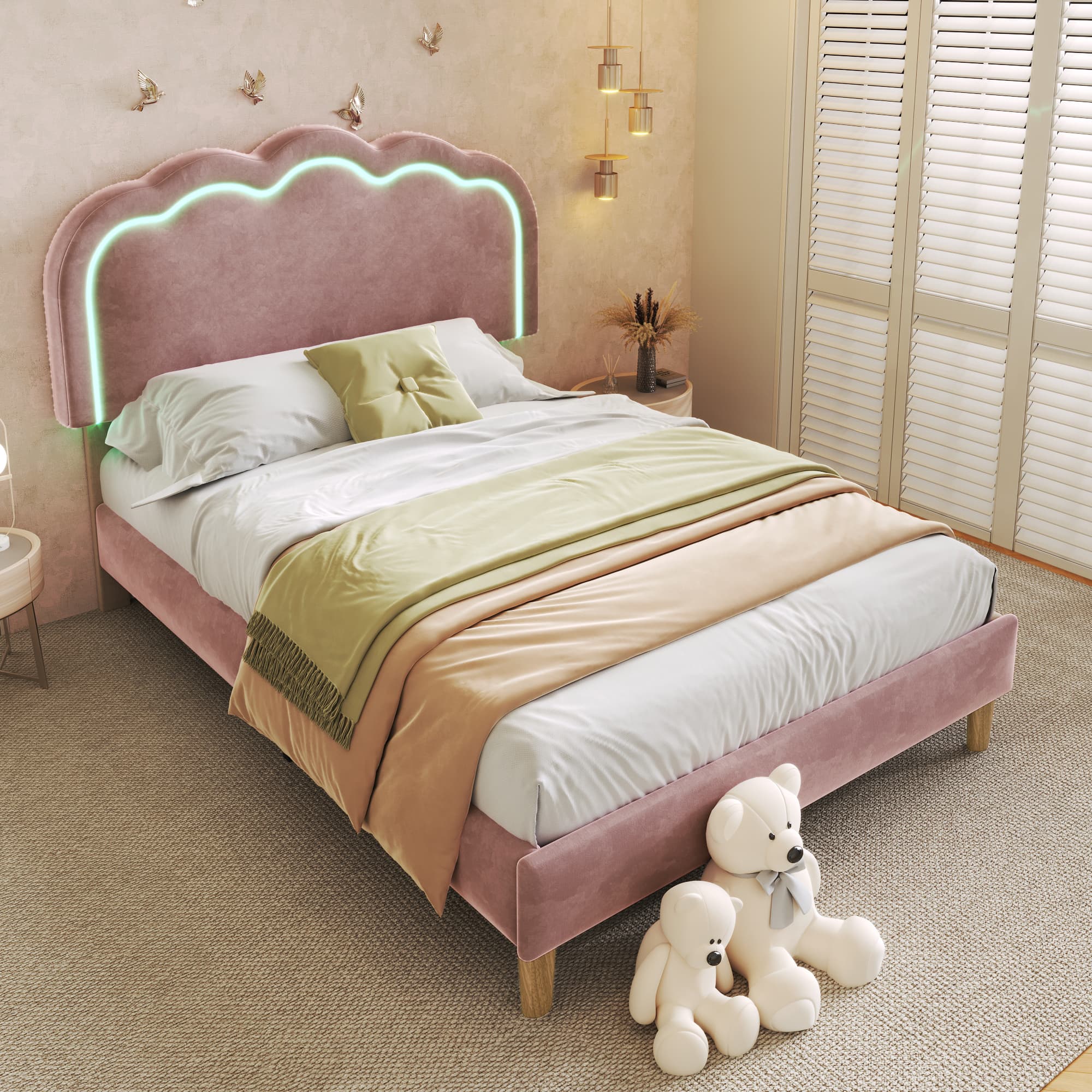 Pink Velvet Bed & LED Headboard