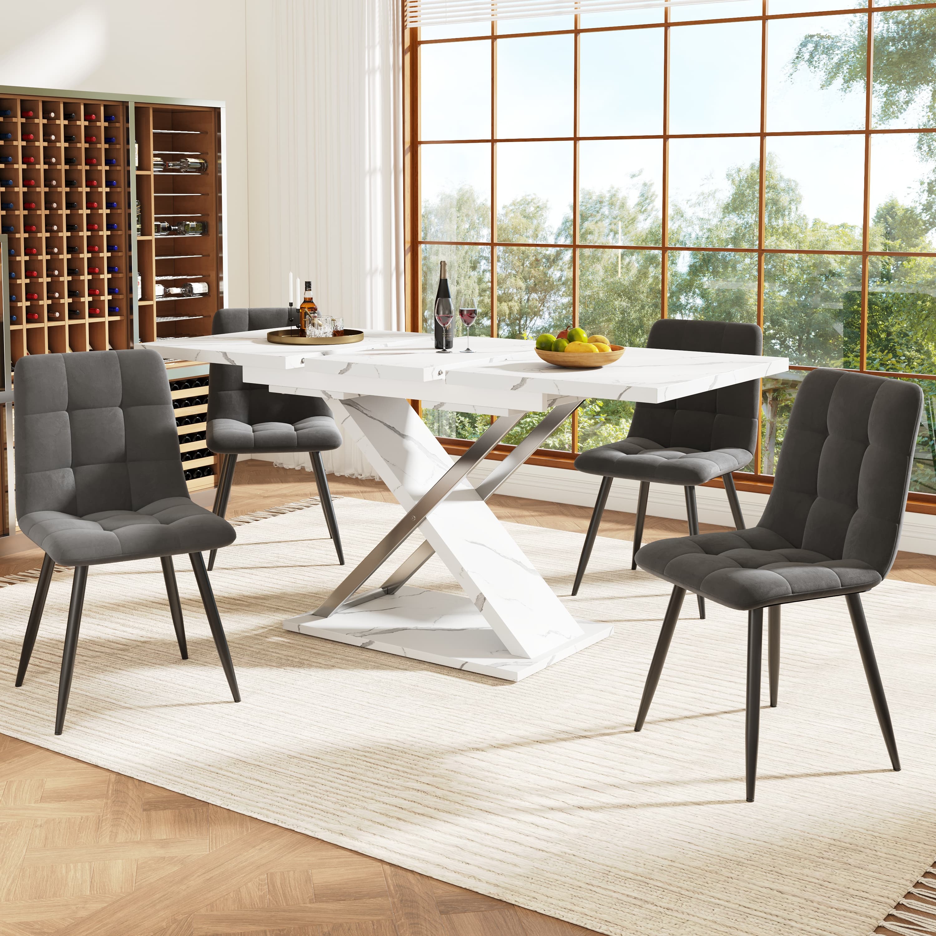 Modern extendable dining table with marble-effect top and metal cross legs