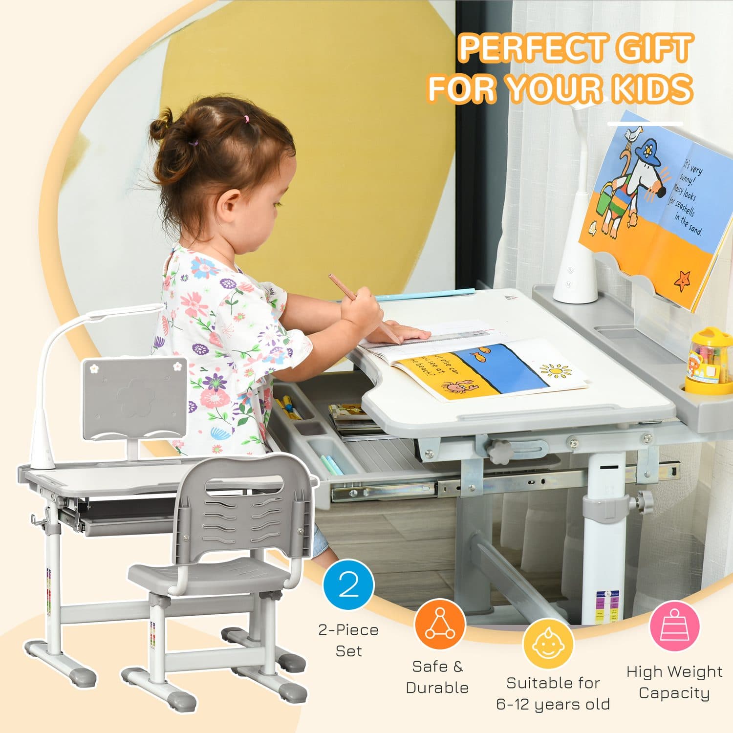 Ergonomic Grey Kids Study Desk and Chair Set for Growing Minds - image 2