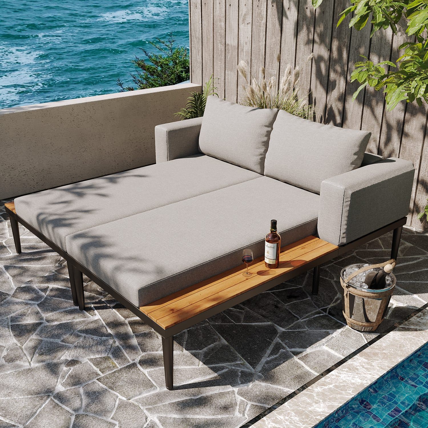 Outdoor Double Chaise Lounge with Warm Wooden Side Panels - image 4