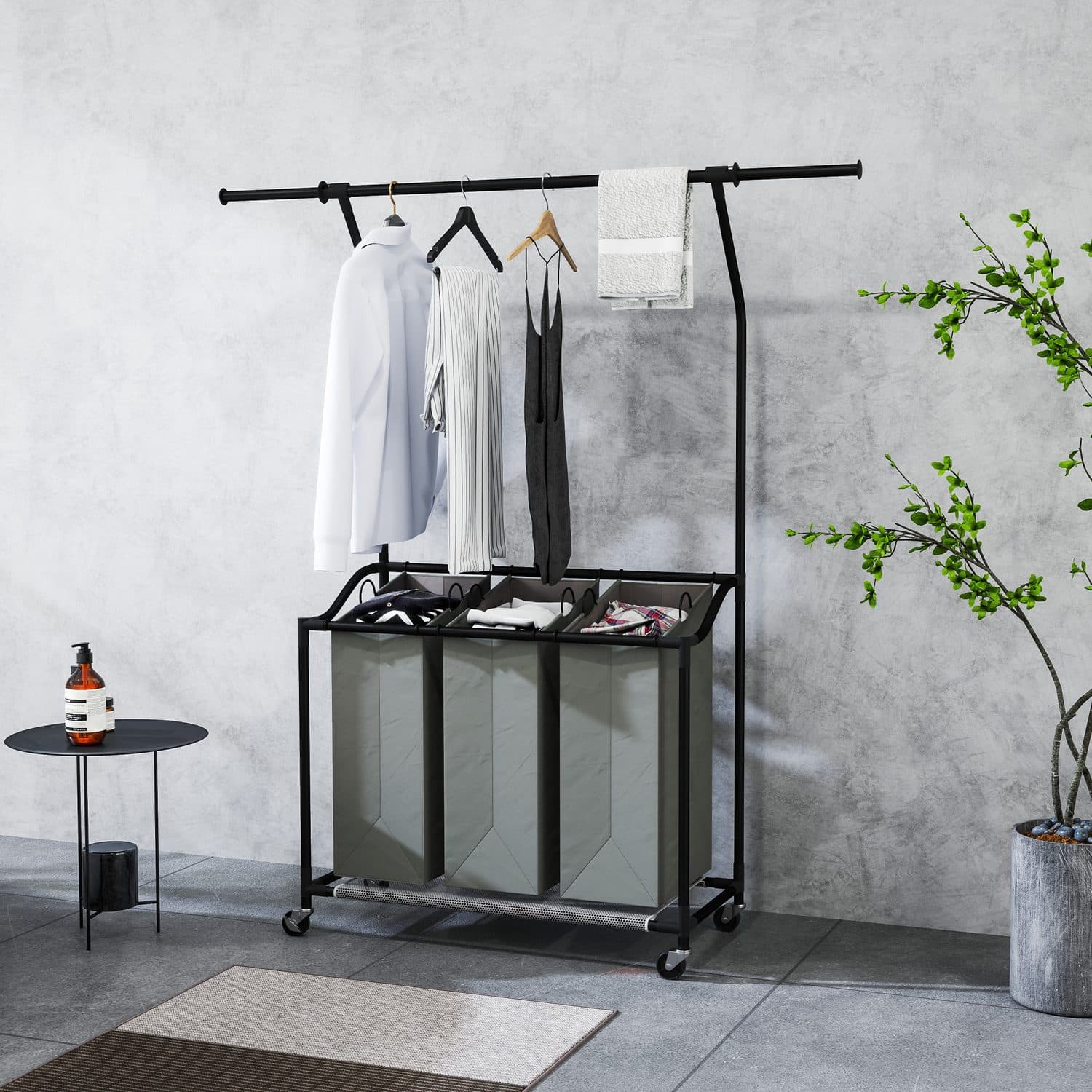 3-Bag Laundry Sorter with Hanging Rail and Wheels - image 3