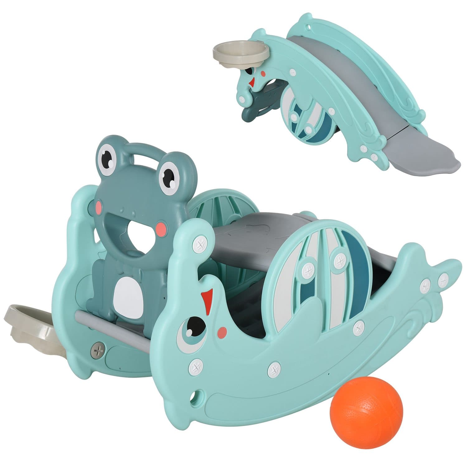 3-in-1 Baby Frog Rocking Toy With Slide and Basketball Hoop