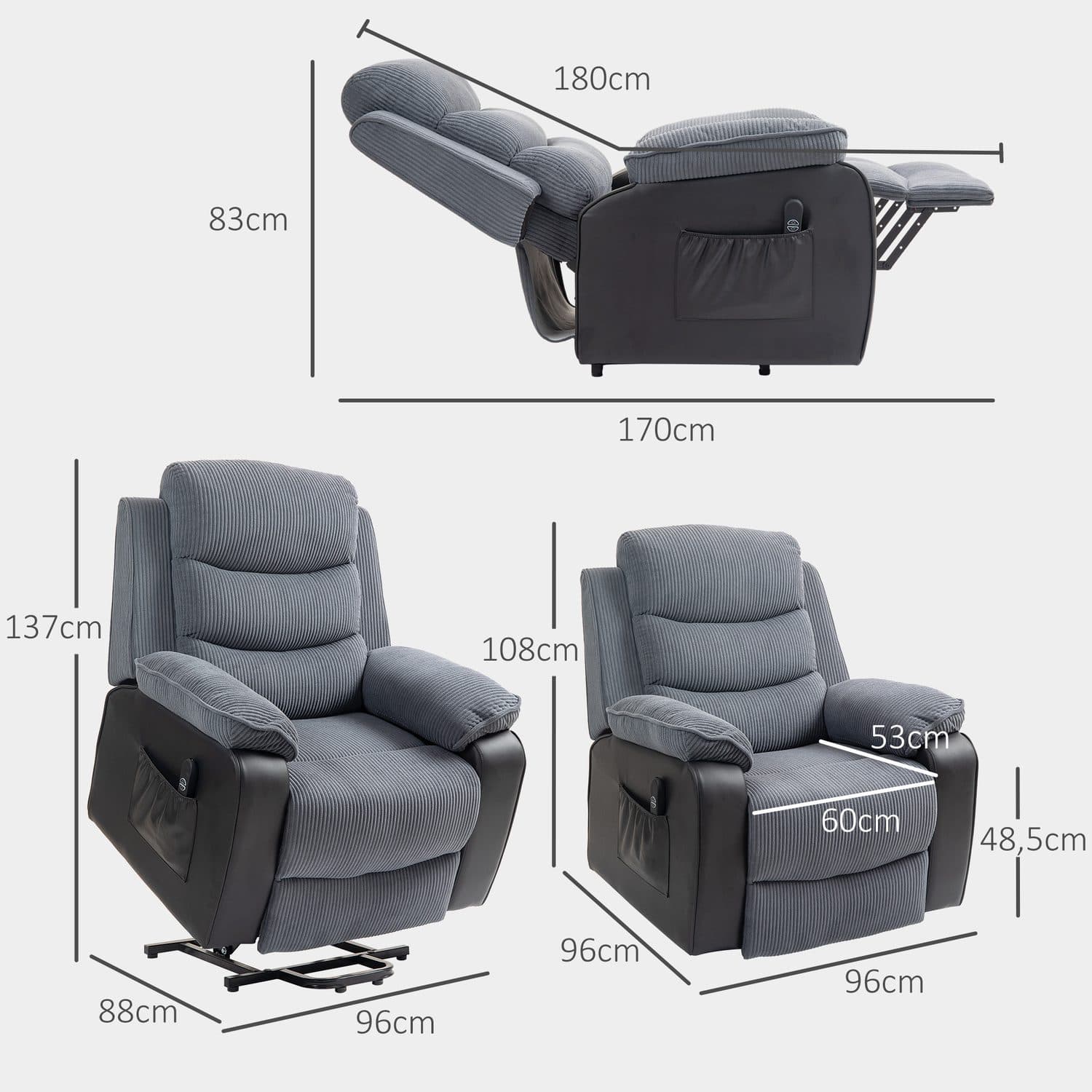 Dark Grey Corduroy Electric Lift Recliner Chair - image 4