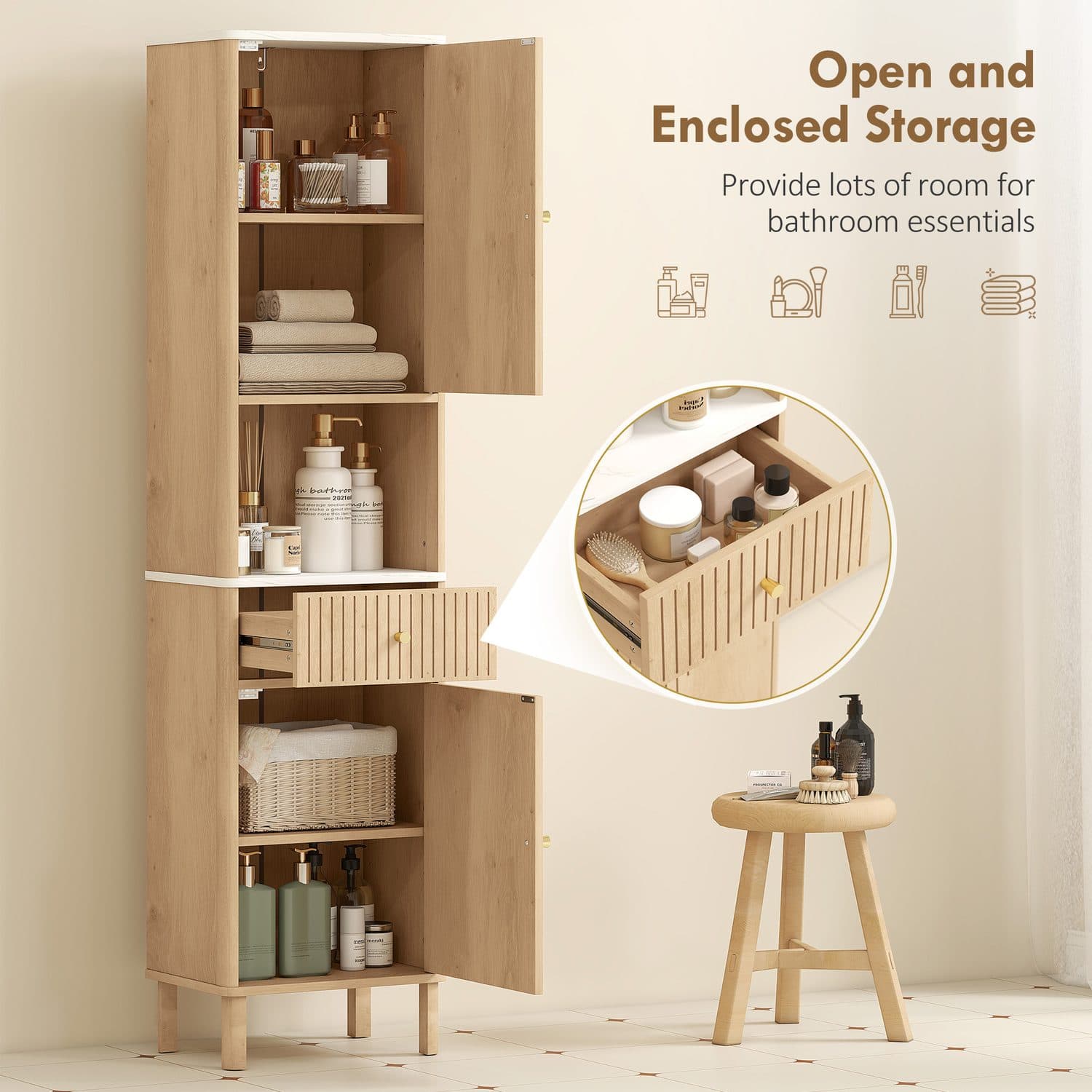 Tall Slim Bathroom Cabinet with Drawer and Open Shelf - image 1