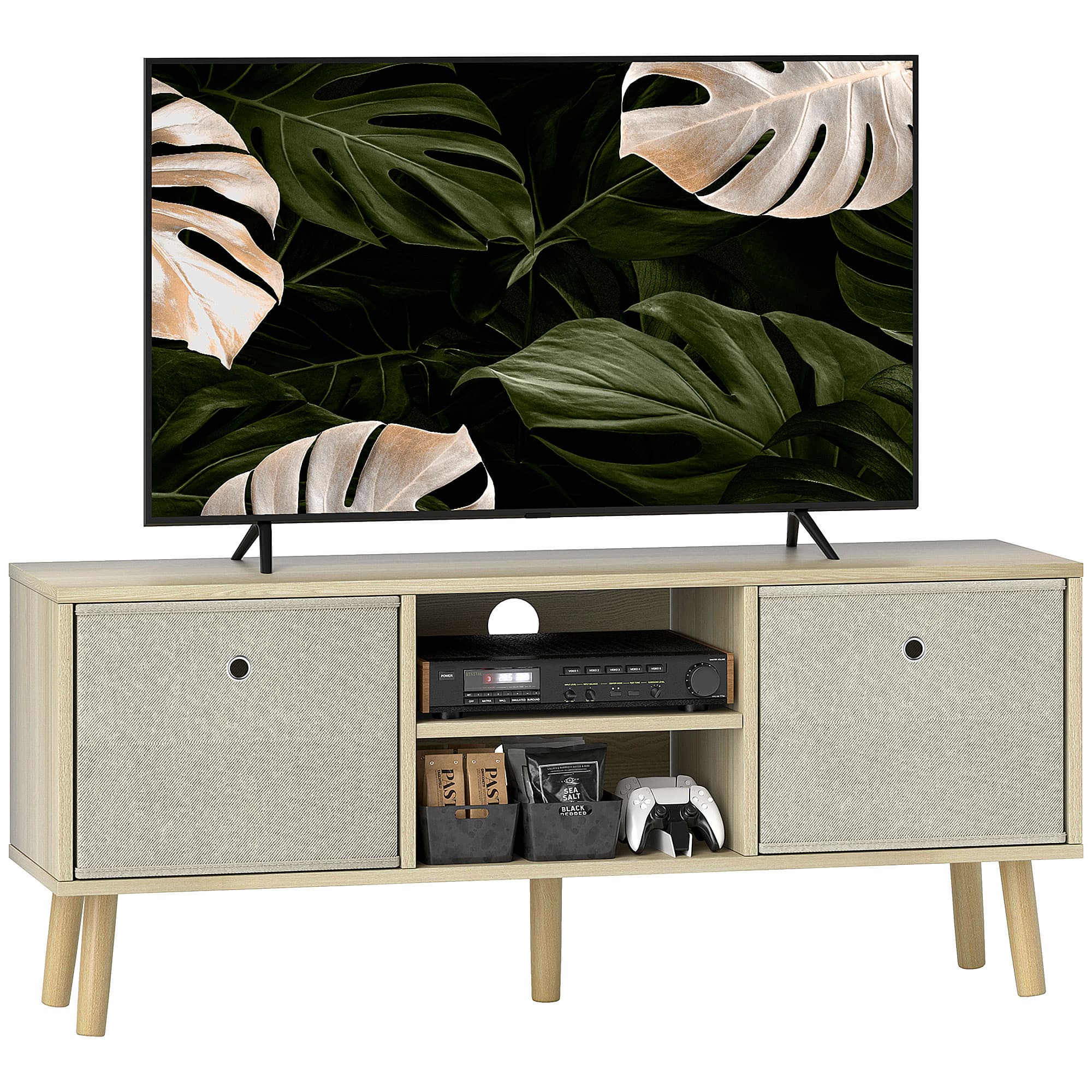 Mid-Century TV Unit with Fabric Storage, Natural Oak