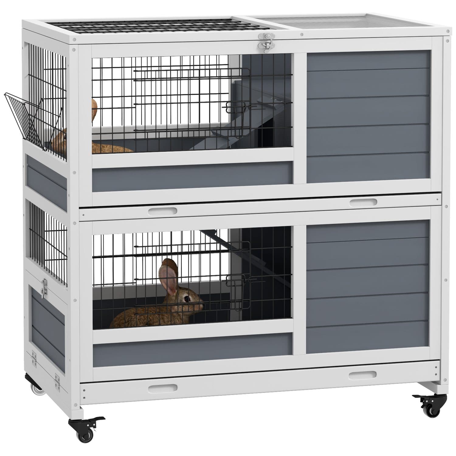 Two-Tier Indoor Rabbit Hutch with Ramps and Feeding Trough
