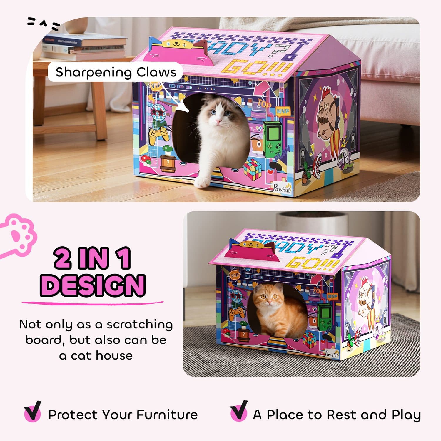 PawHut Gaming Style Cardboard Cat House With Scratching Board - image 2