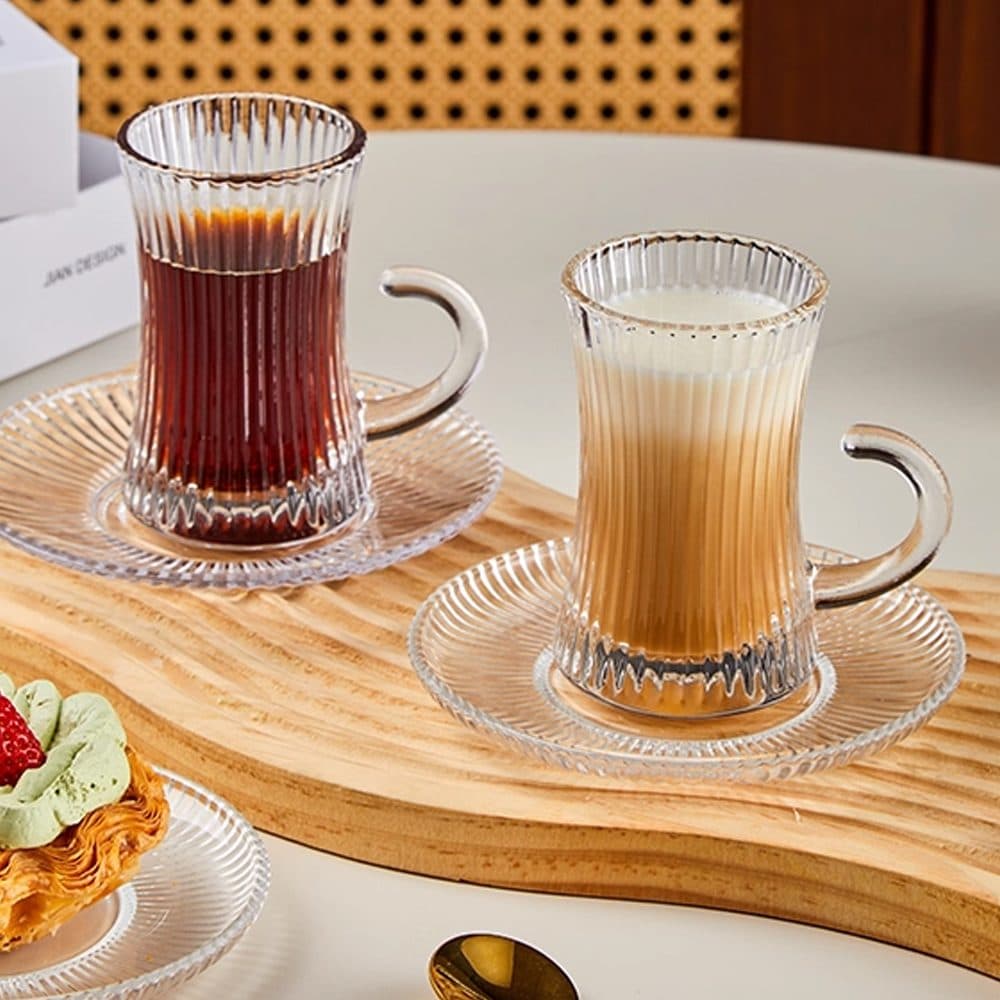 Set of 6 Ribbed Glass Tea Cups with Handles and Saucers - image 5