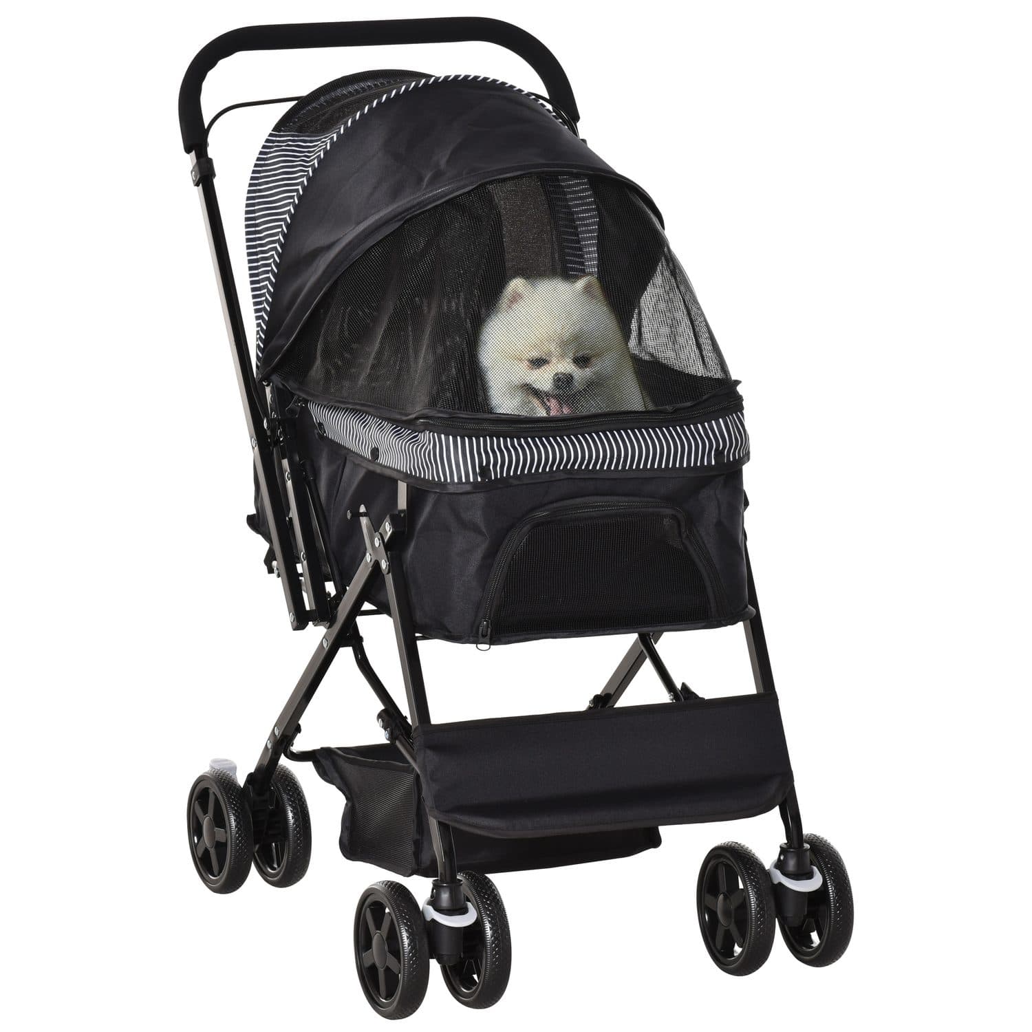 Foldable Pet Stroller with Reversible Handle and Storage Basket