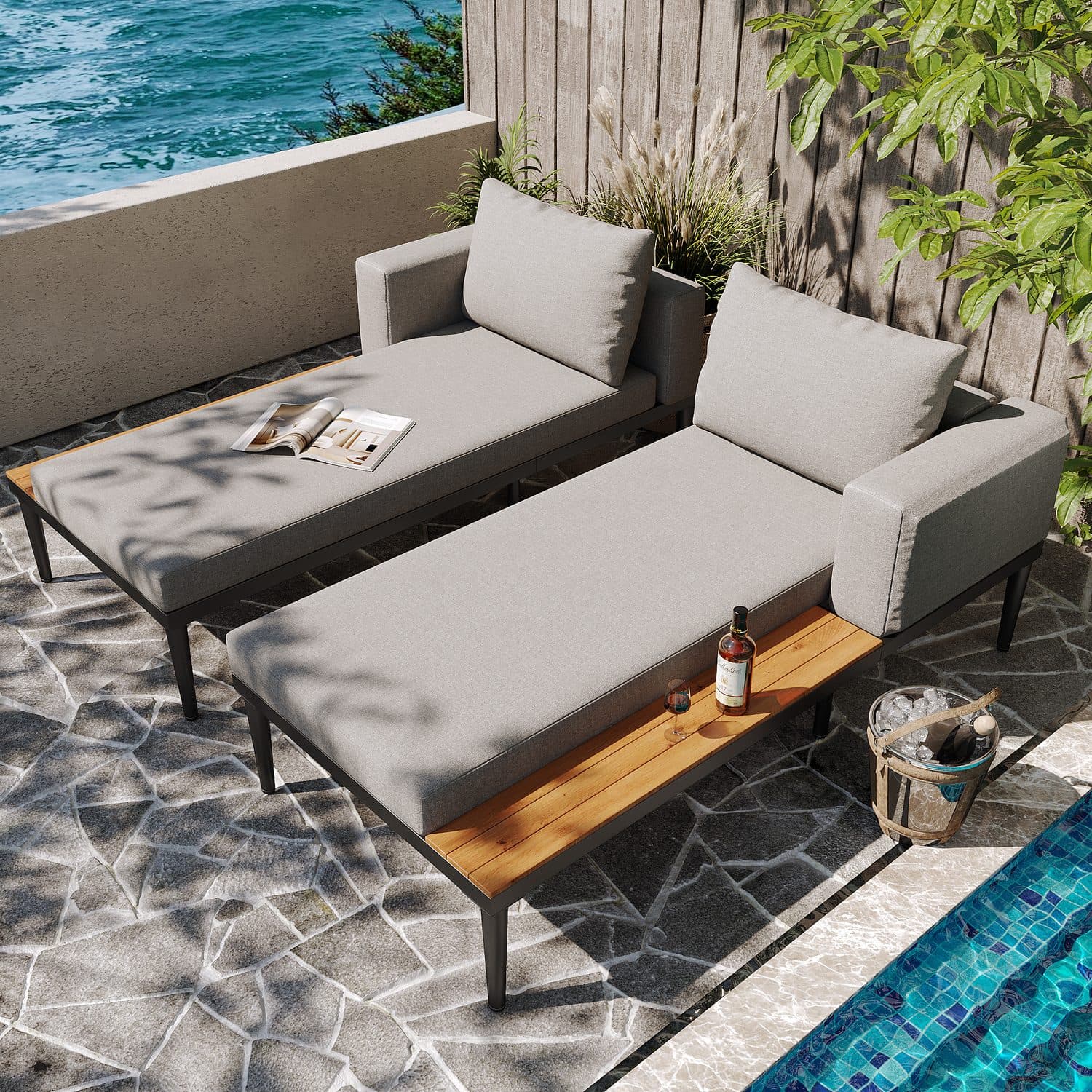 Outdoor Double Chaise Lounge with Warm Wooden Side Panels - image 2