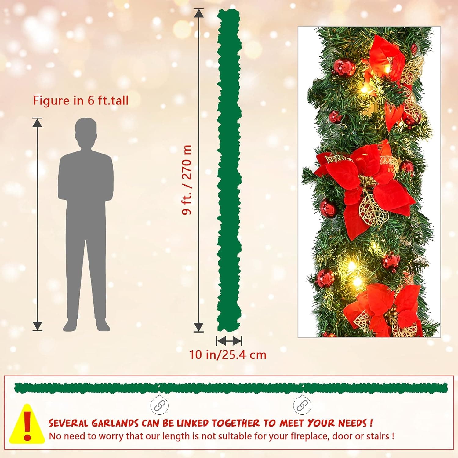 9 ft Christmas Garland with Red Poinsettias and Warm White LEDs - image 3