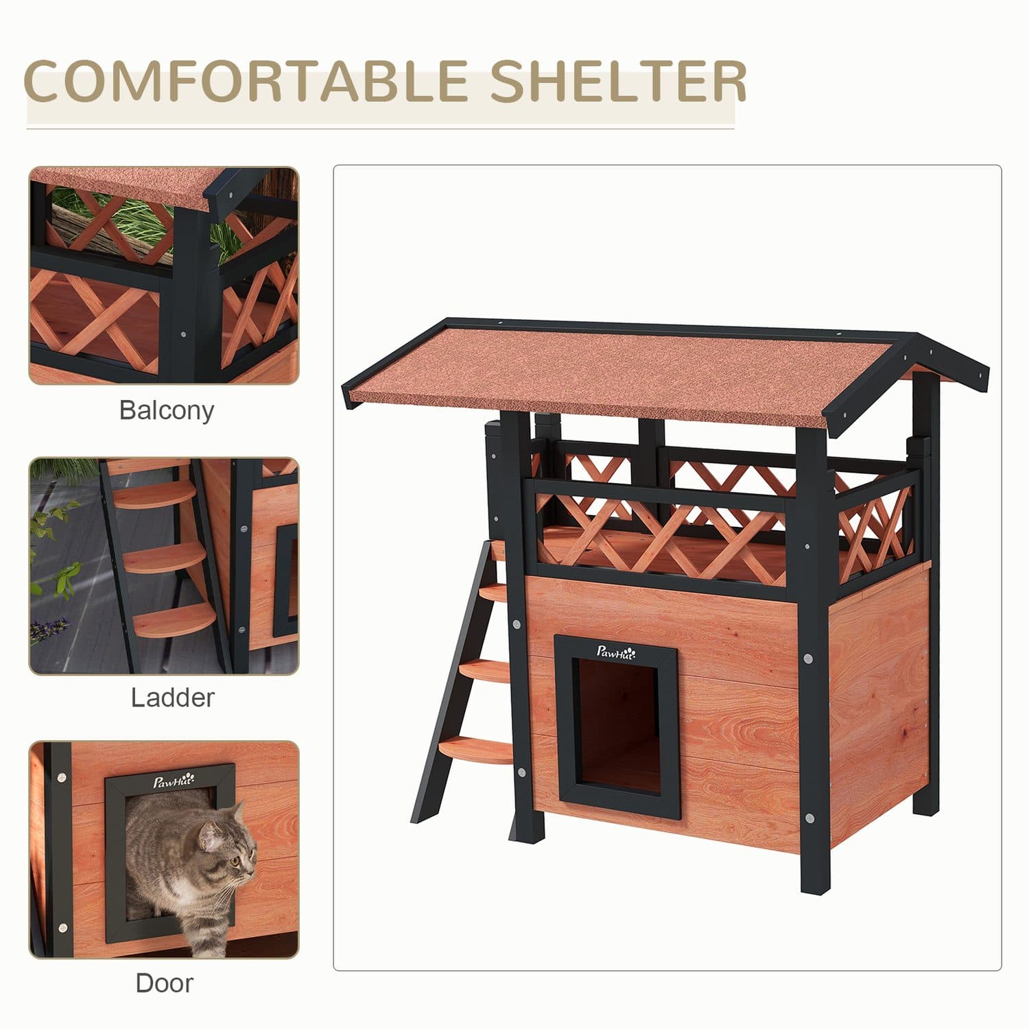 PawHut Outdoor Cat House with Balcony, Stairs and Shelter Roof - image 5