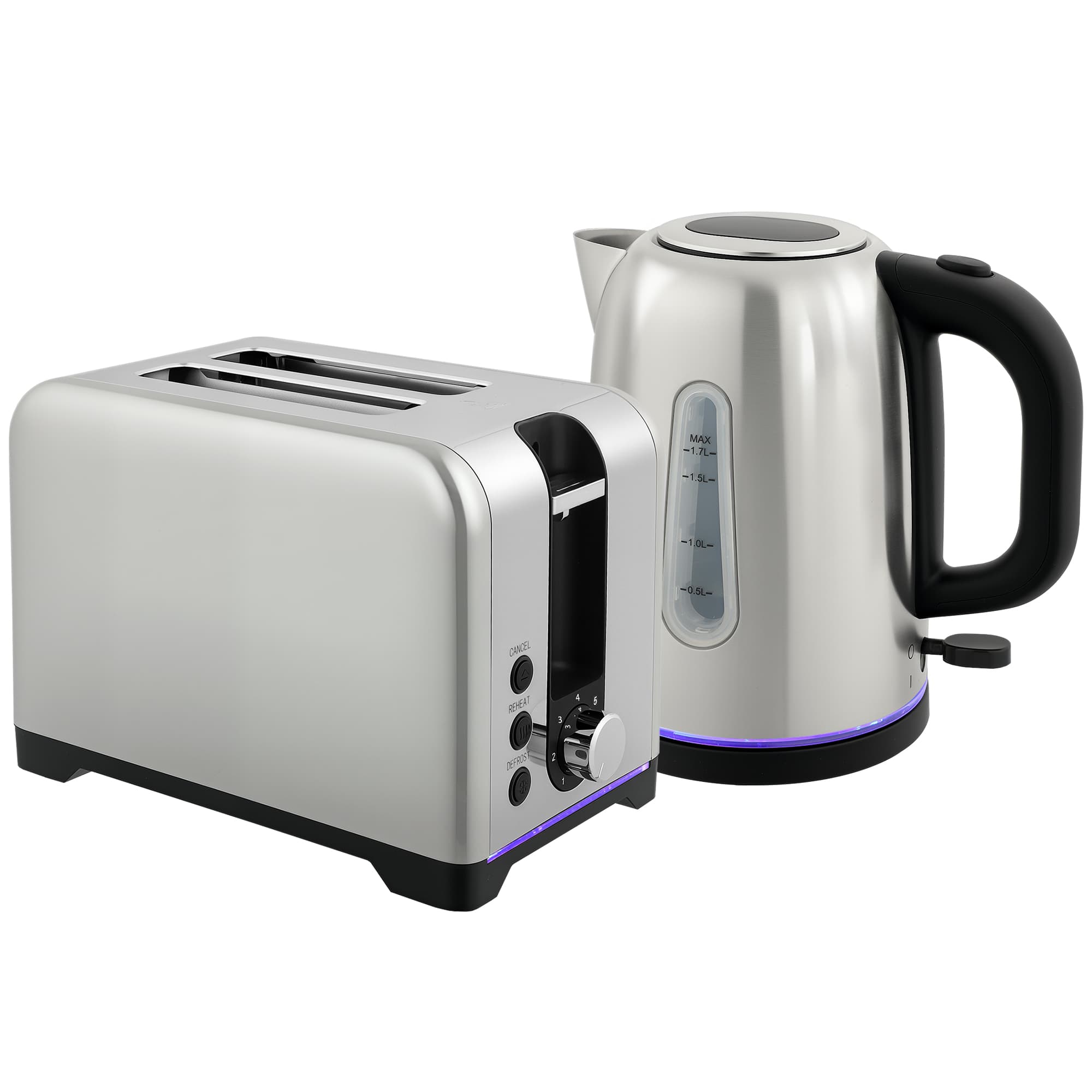 Matching Silver Toaster and Kettle Set with Ambient LED Glow - Silver Tone