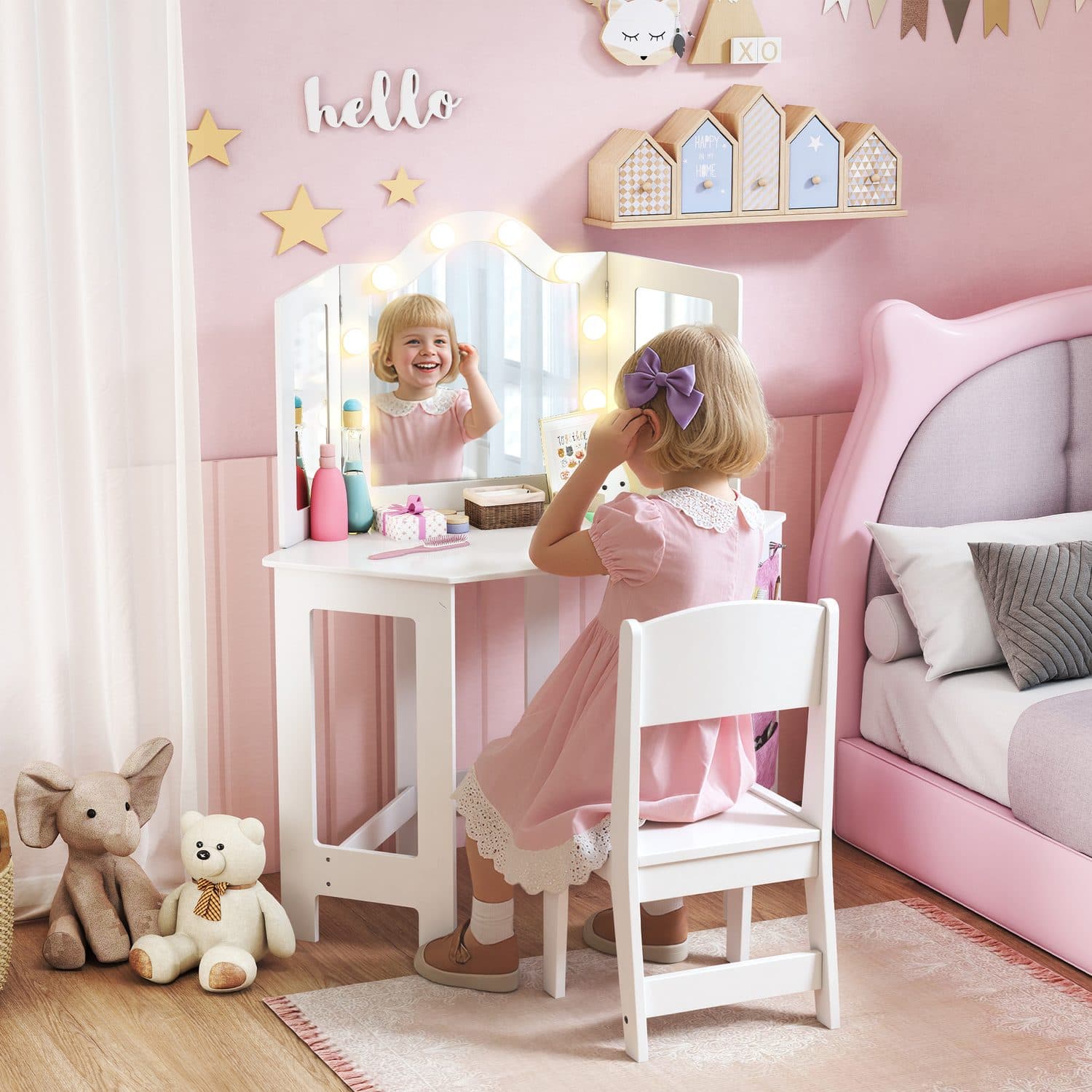 White Kids Vanity Table Set With LED Bulbs and Tri-Fold Mirror - image 3