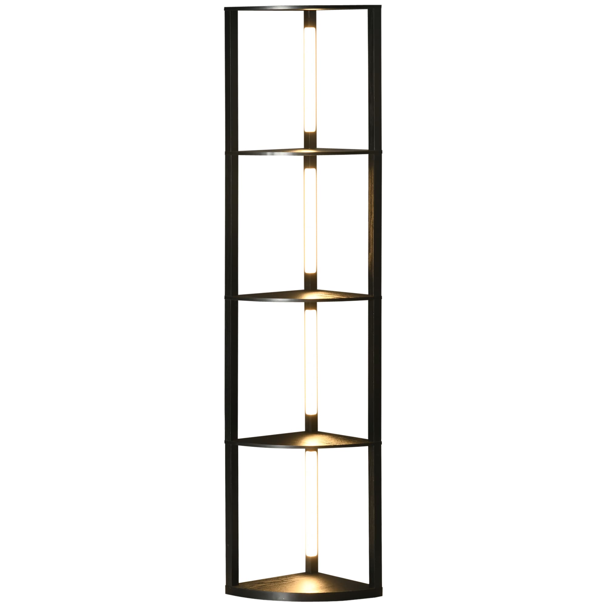 Modern black corner floor lamp with integrated display shelves in a small UK sitting room